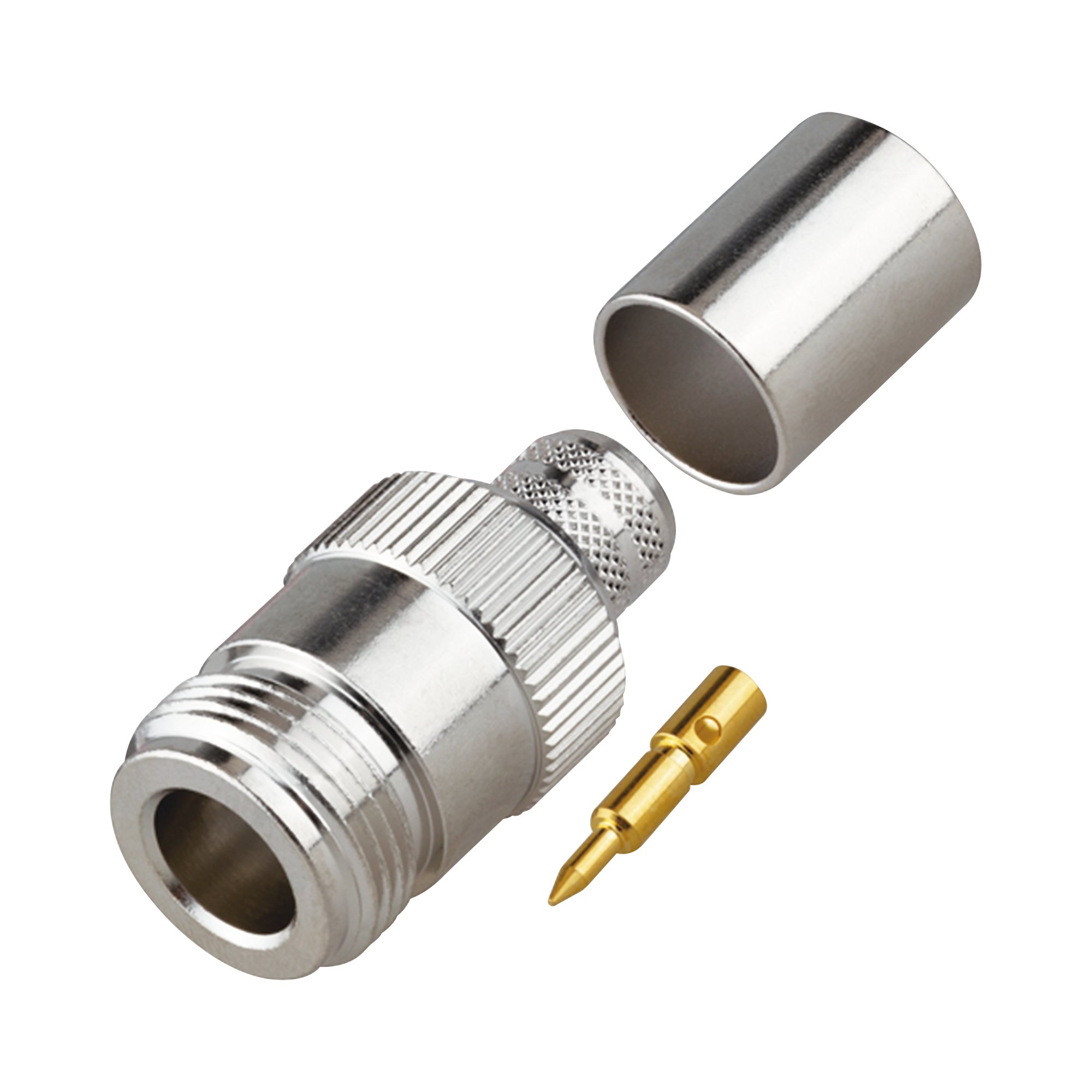 Conector N Hembra Inverso de Anillo Plegable para Cables 9913, RG-8/U, LMR-400, Grupo I, Níquel/ Oro/ Teflón.