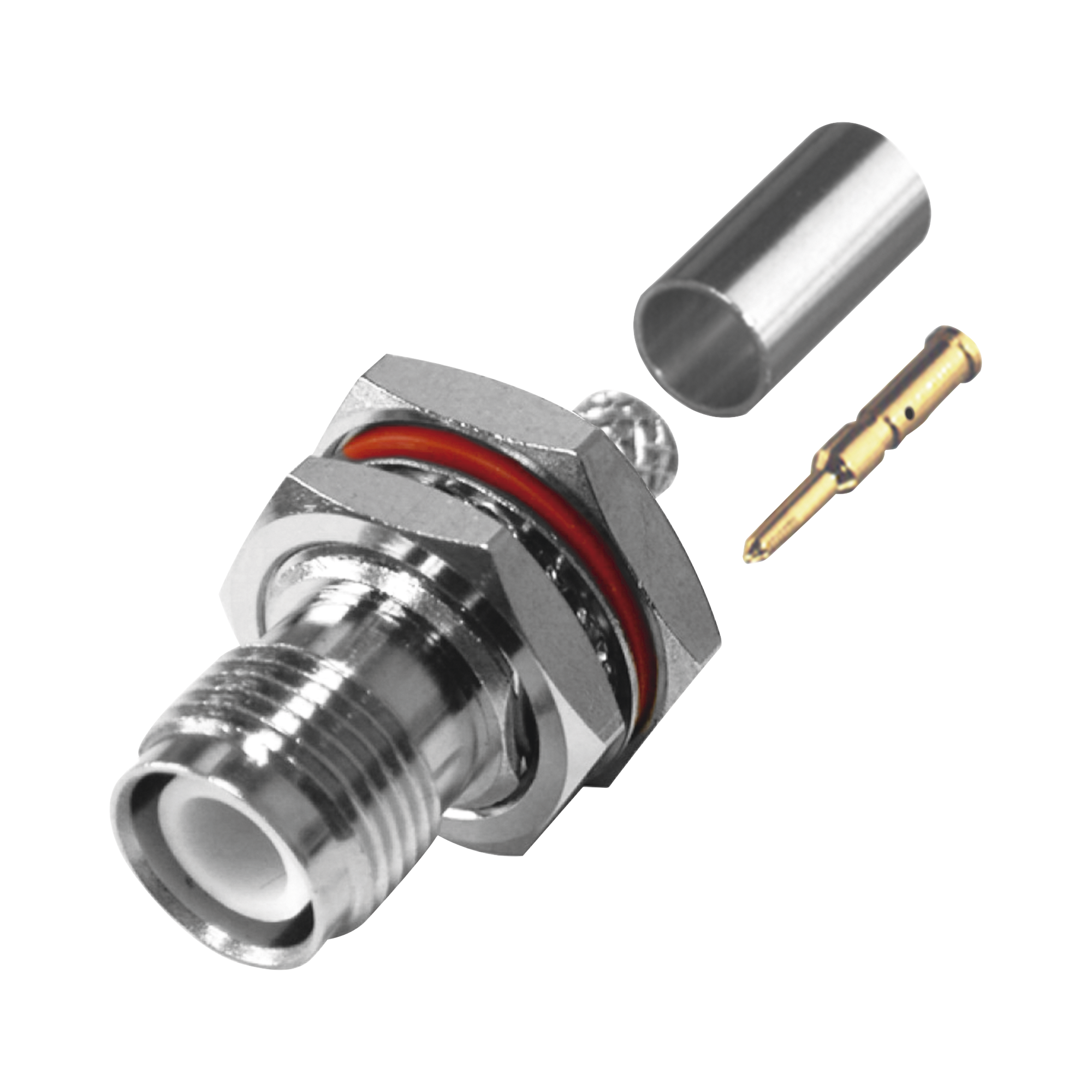 Conector TNC Hembra Inverso de Montaje Trasero en Panel, D-Plano, Hermético de Anillo Plegable para RG-142/U, Níquel/ Oro/ Teflón.