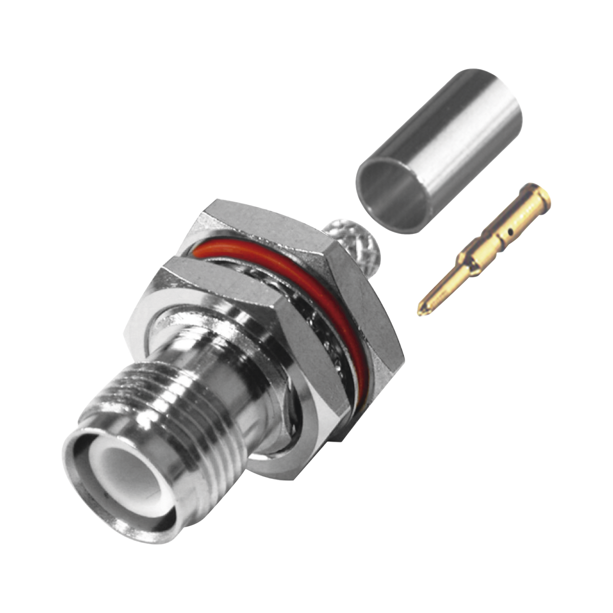 Conector TNC Hembra Inverso de Montaje Trasero en Panel, D-Plano, Hermético de Anillo Plegable para RG-142/U, Níquel/ Oro/ Teflón.