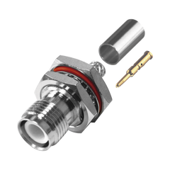 Conector TNC Hembra Inverso de Montaje Trasero en Panel, D-Plano, Hermético de Anillo Plegable para RG-142/U, Níquel/ Oro/ Teflón.