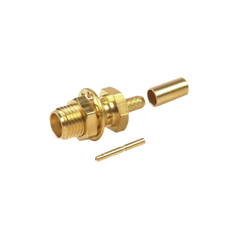 Conector SMA Hembra para Chasis en D Plano, Anillo Plegable para cable RG-174/U, Oro/ Oro/ Teflón.