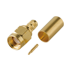 Conector SMA Macho de Rosca Izquierda, Anillo Plegable para Cable RG-58/U, Oro/ Oro/ Teflón.