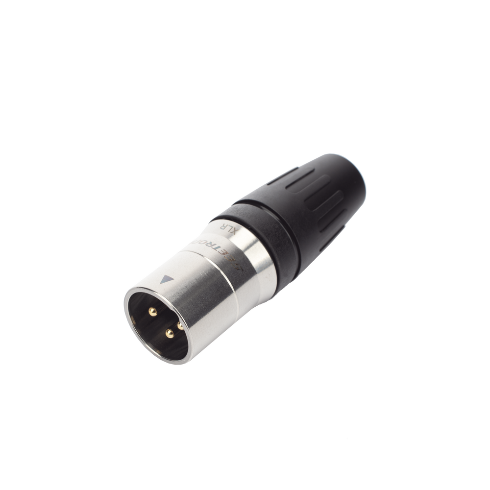 CONECTOR MACHO XLR DE 3 NÚCLEOS CON CARCASA DE ACERO INOXIDABLE Y CONTACTOS CHAPADOS EN ORO
