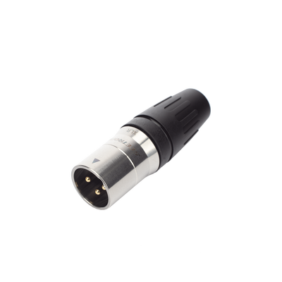 CONECTOR MACHO XLR DE 3 NÚCLEOS CON CARCASA DE ACERO INOXIDABLE Y CONTACTOS CHAPADOS EN ORO