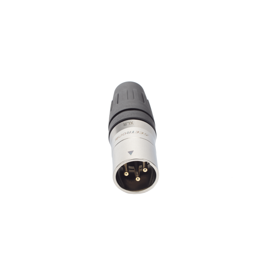 CONECTOR MACHO XLR DE 3 NÚCLEOS CON CARCASA DE ACERO INOXIDABLE Y CONTACTOS CHAPADOS EN ORO