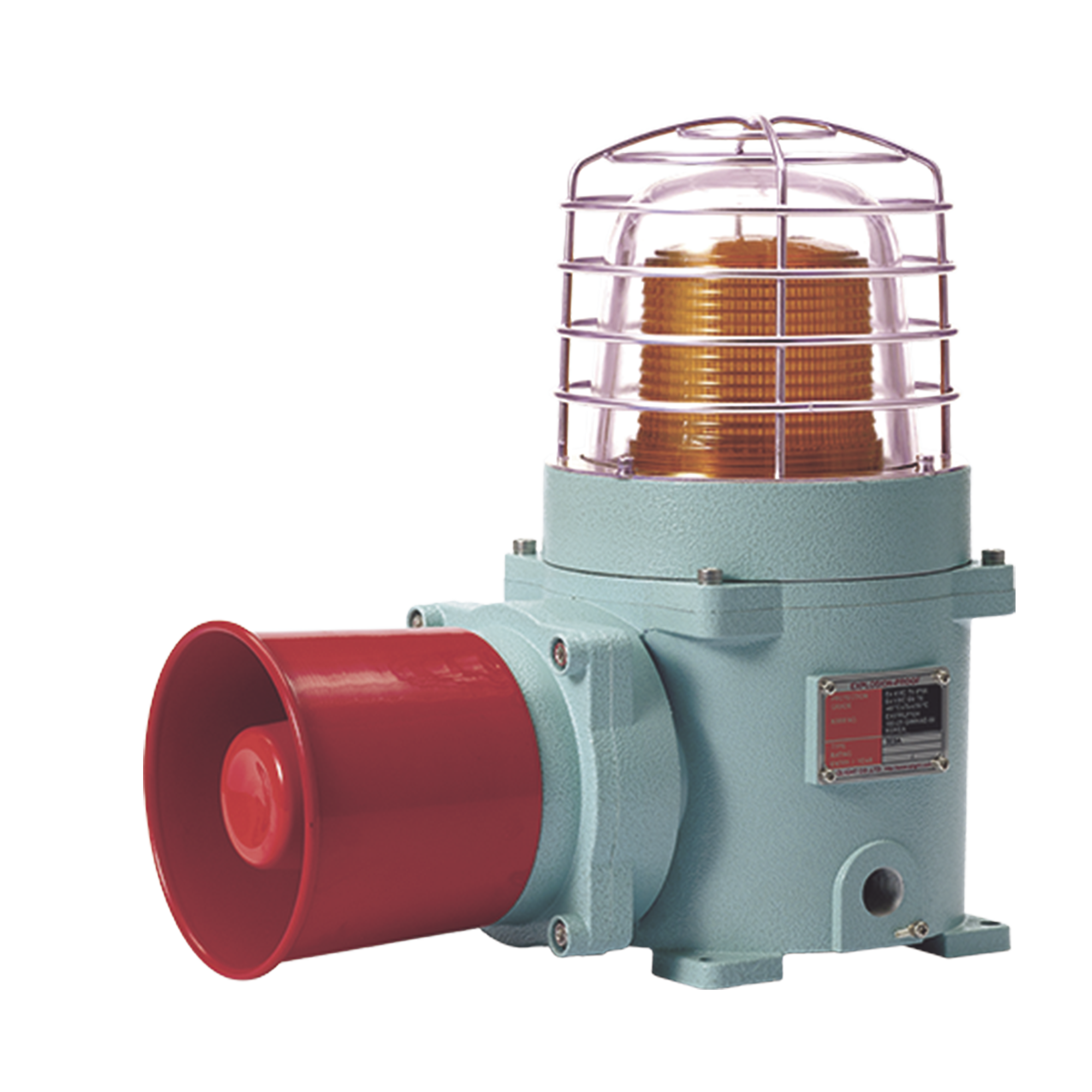 Combinación de baliza LED color Ámbar con patrón fijo y flasheante con sirena electrónica, Volumen máx. 120 dB para zonas peligrosas a 120 VCA