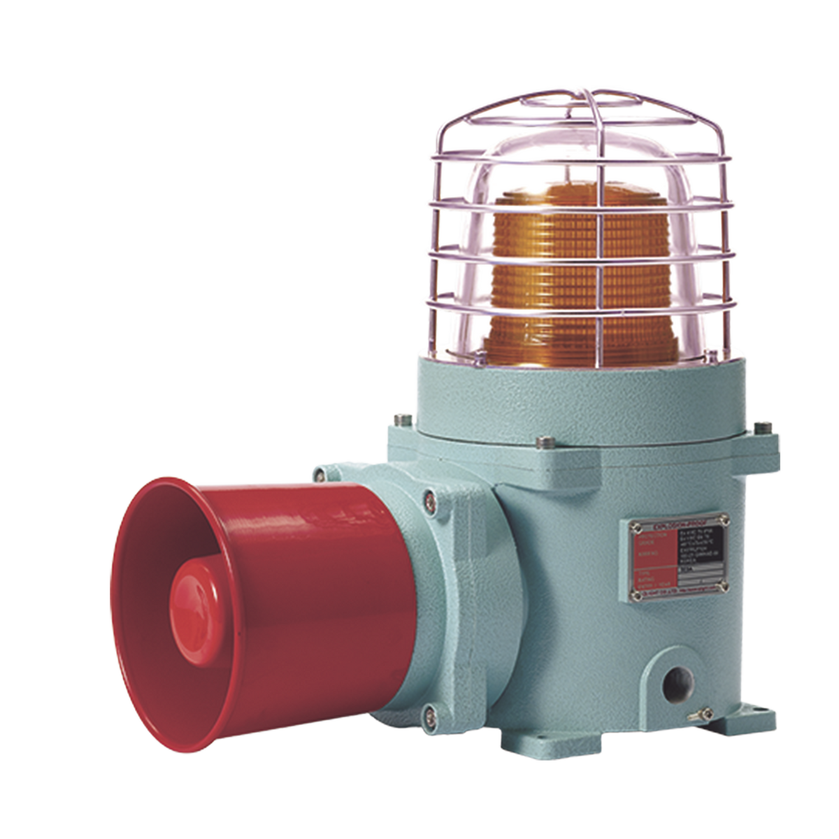 Combinación de baliza LED color Ámbar con patrón fijo y flasheante con sirena electrónica, Volumen máx. 120 dB para zonas peligrosas a 120 VCA
