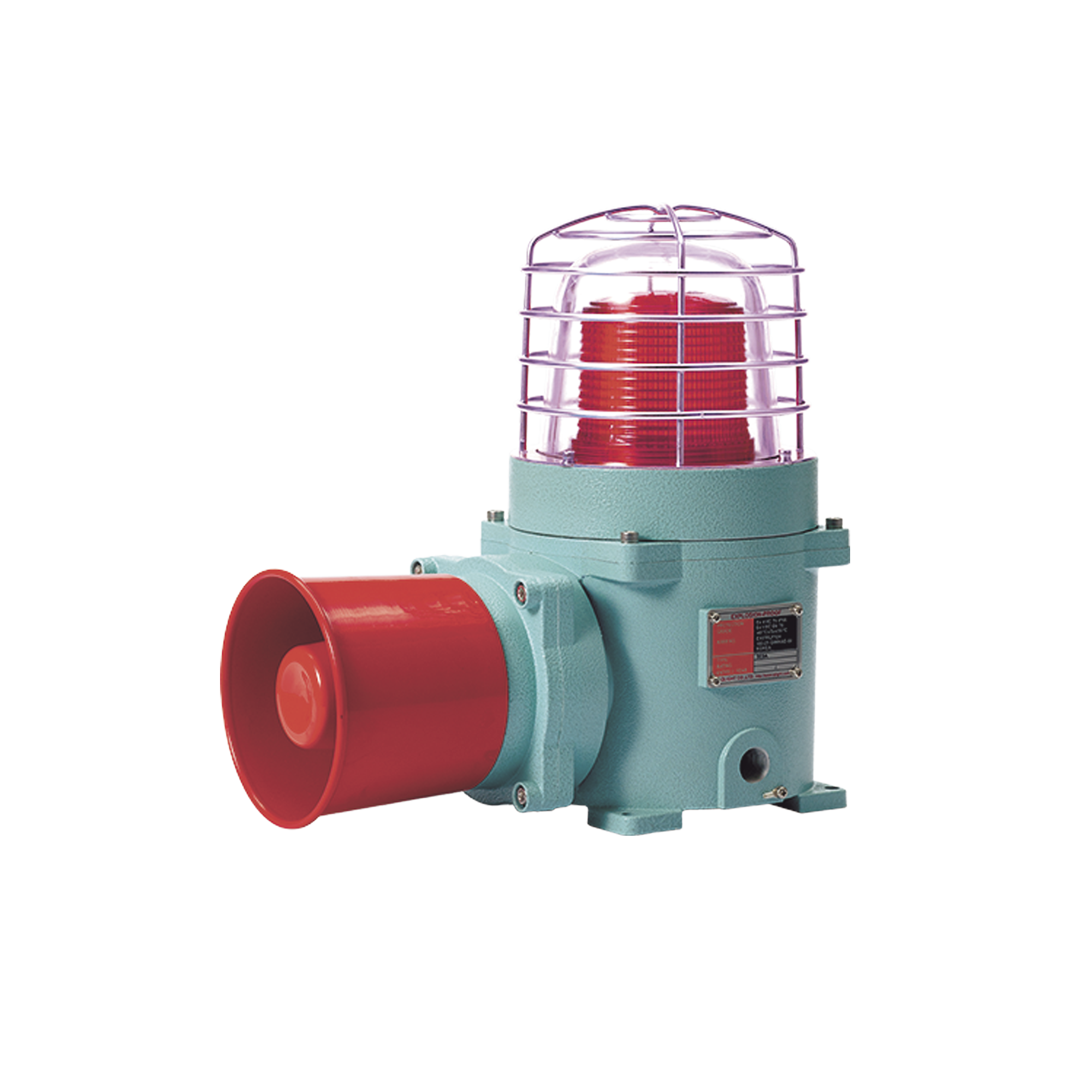 Combinación de baliza LED color Rojo con patrón fijo y flasheante con sirena electrónica, volumen máx. 120 dB para zonas peligrosas a 120 VCA