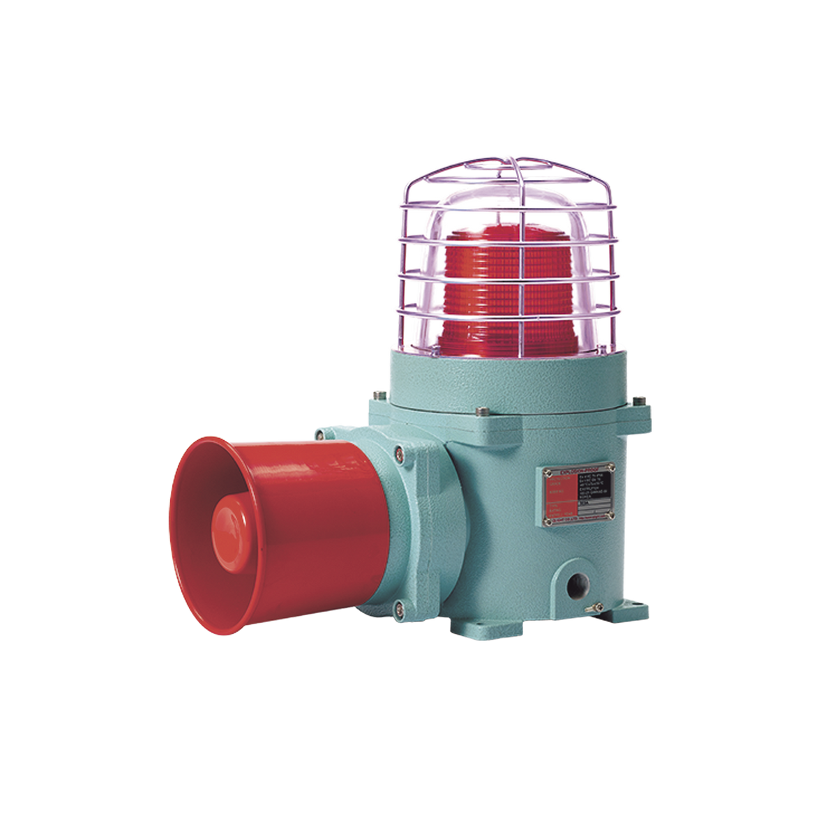 Combinación de baliza LED color Rojo con patrón fijo y flasheante con sirena electrónica, volumen máx. 120 dB para zonas peligrosas a 120 VCA