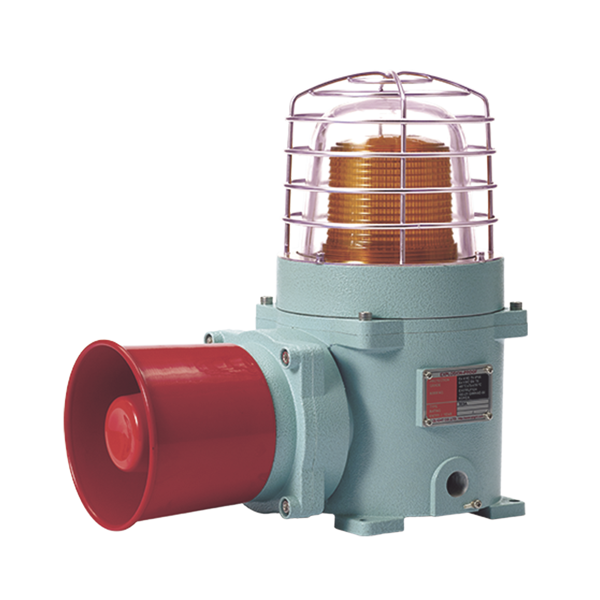 Combinación de baliza LED color Ámbar con patrón fijo y flasheante con sirena electrónica, volumen máx. 120 dB para zonas peligrosas a 24 VCD
