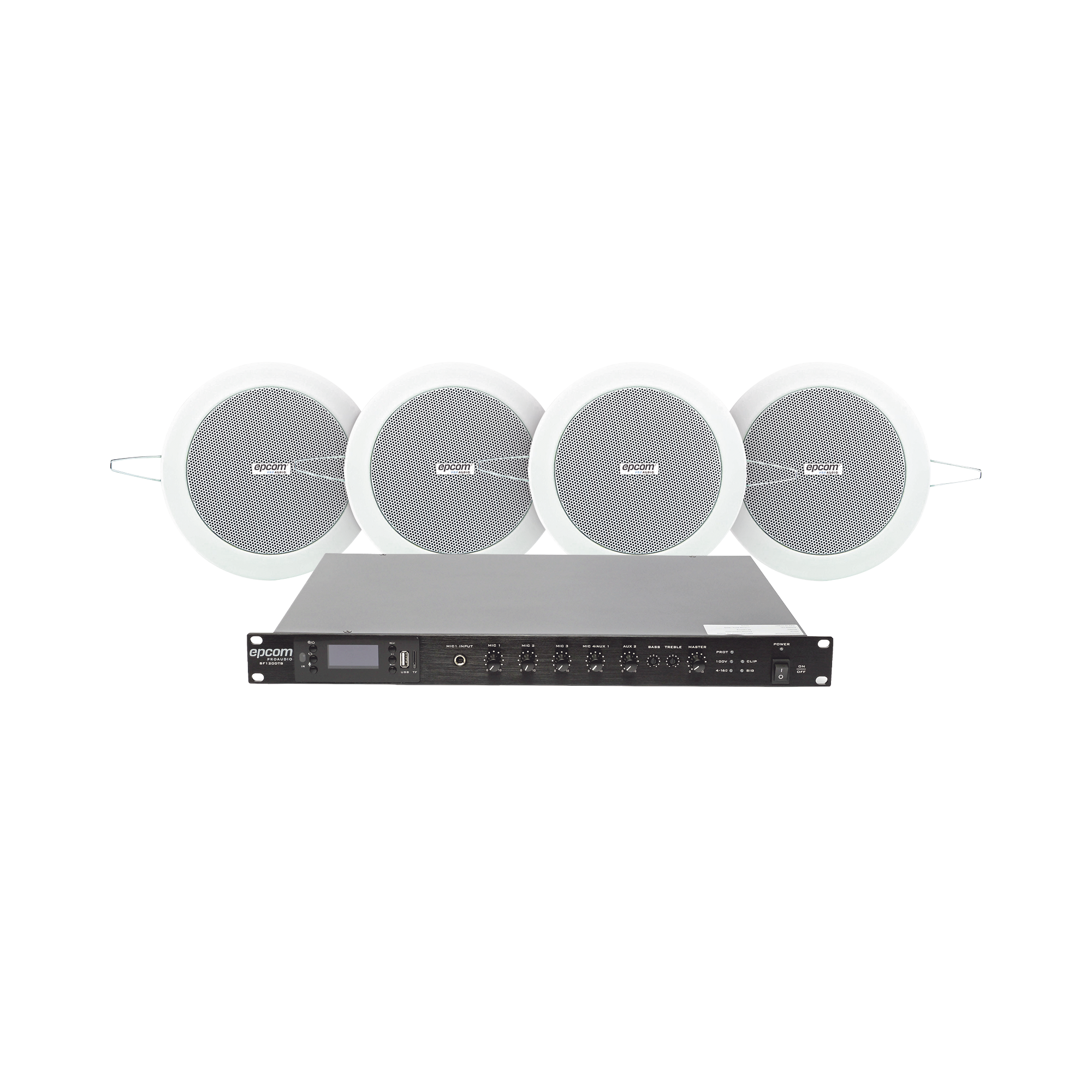 KIT de Amplificador de 120W para Rack | 4 Altavoces de Plafón de 4in | 3 - 6W | Sistema 70/100V
