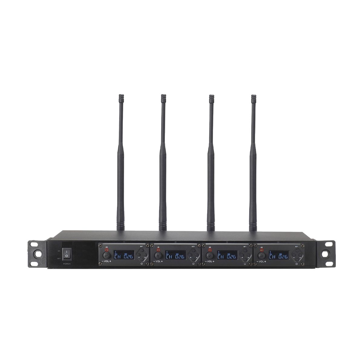 Receptor UHF para 4 micrófonos inalámbricos / Pantalla LCD de cristal liquido