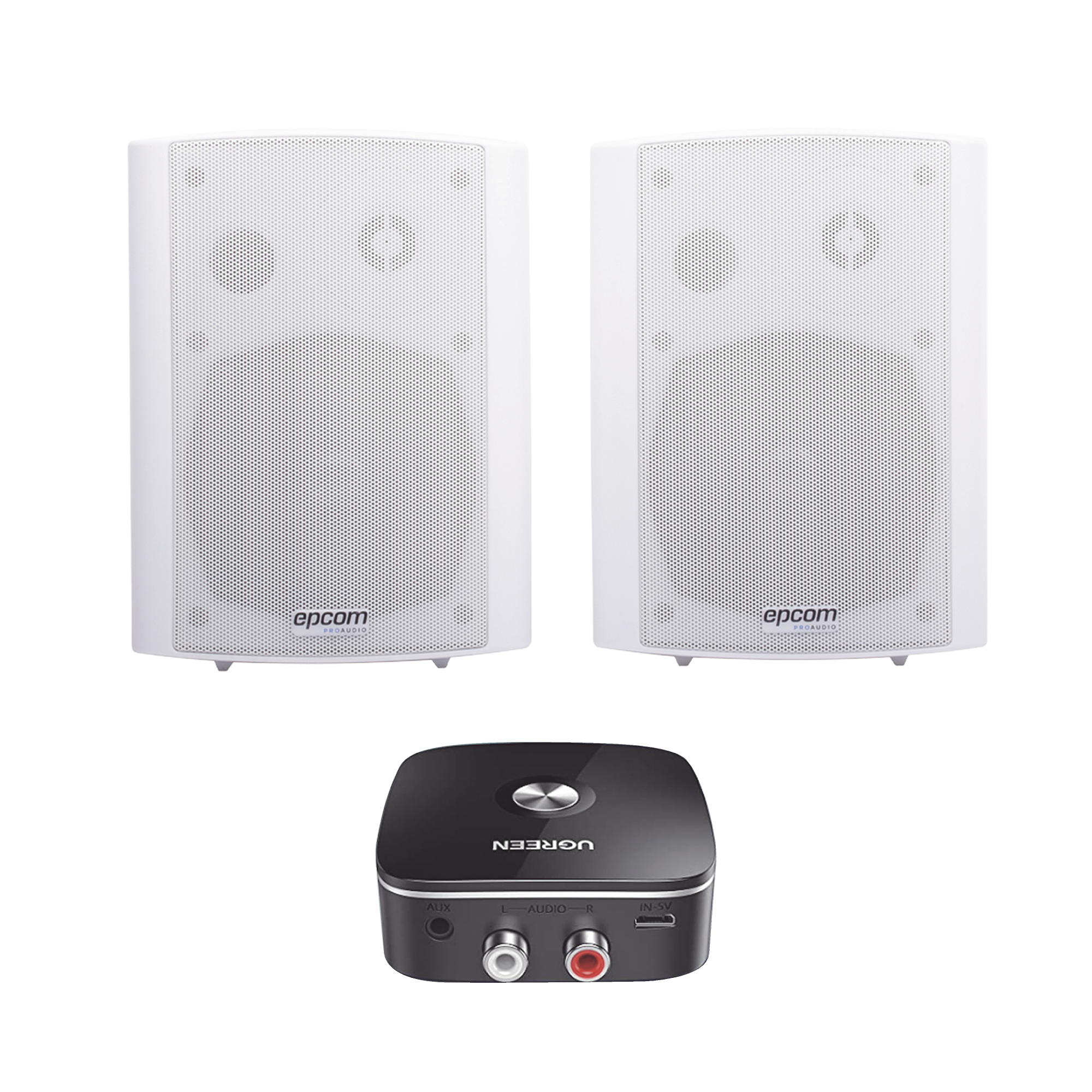 Kit  Altavoces + Modulo Receptor BT | Montaje en Pared | 2x20W RMS | Material ABS y Reja Metálica | Bracket de Metal | Color Blanco
