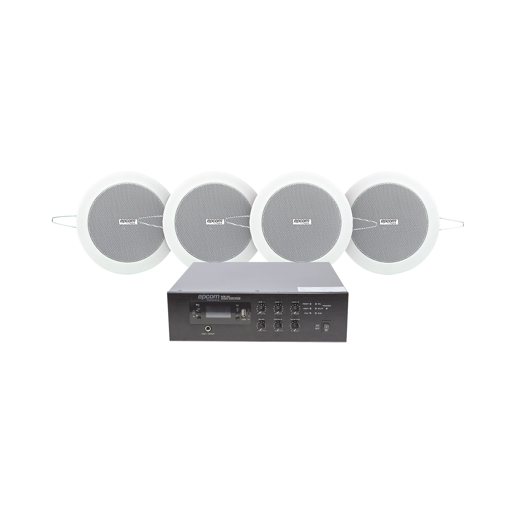 KIT de Amplificador de 120W para Escritorio | 4 Altavoces de Plafón de 4in | 3 - 6W | Sistema 70/100V
