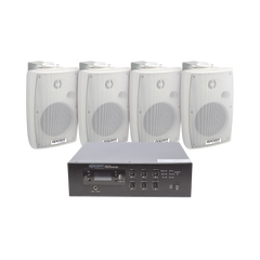 KIT de Amplificador de 120W para Escritorio | 4 Altavoces de Pared color Blanco 2.5W - 20W | Sistema 70/100V