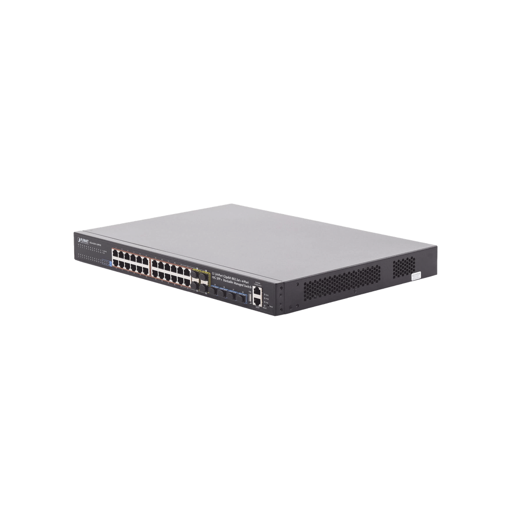 Switch Administrable Stacking Capa 3, 24 Puertos PoE 802.3af/at 10/100/1000T, Hasta 370 W,  4 Puertos 10G SFP+