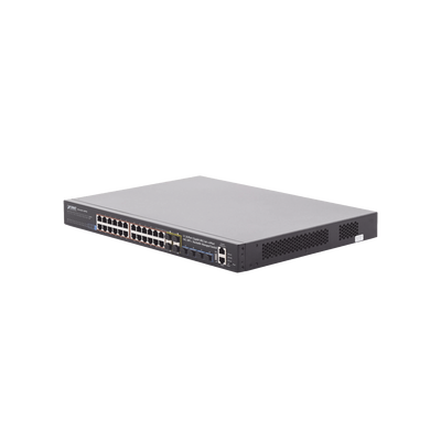 Switch Administrable L3 Stacking 10/100/1000T 24 puertos PoE802.3at, 4 puertos 10G SFP+ 370 W