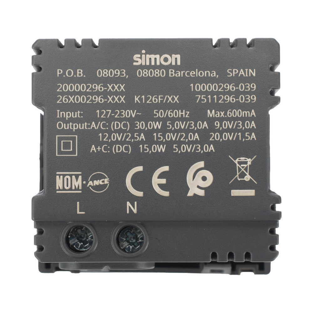 Módulo Doble USB Tipo A+C / Carga Rápida 30W / Color Grafito / Compatible con Torres y Cajas Simon / Modelo: (K126F/14)