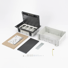 Caja Para Instalación en Pavimento para Voz, Datos o Contactos Eléctricos / Capacidad para 4 Módulos / Espacio Embellecedor en la Tapa / Profundidad Ajustable de 90 a 120 mm / Los Módulos se Adquieren Aparte / Incluye Registro