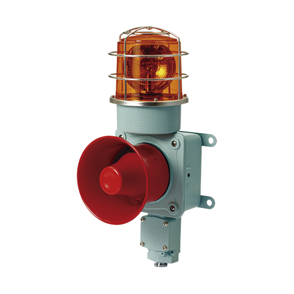 Combinación de luz de advertencia giratoria color Ámbar con bocina eléctrica para aplicaciones de la industria a 24 VCD, máx. 120 dB