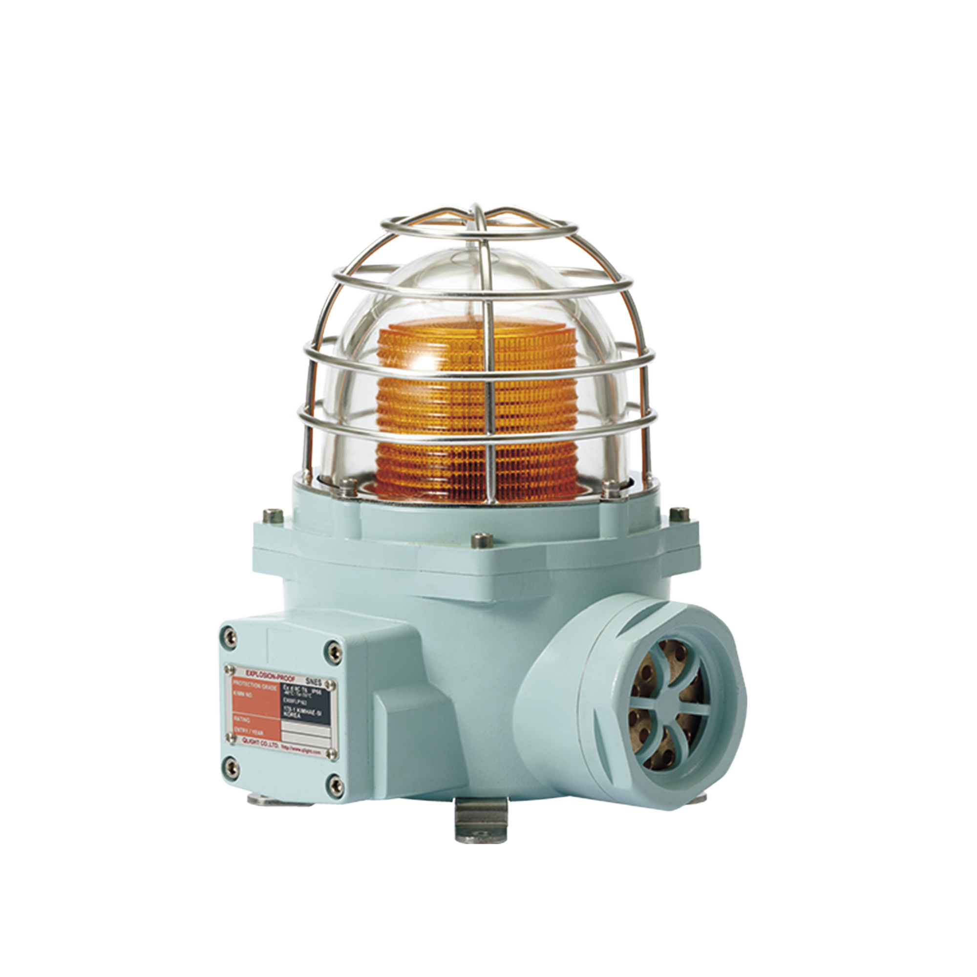 Luz LED color Ámbar de advertencia con patrón de destello flasheante/fijo para zonas peligrosas con buzzer incluido a 105 dB. de 24 VCD