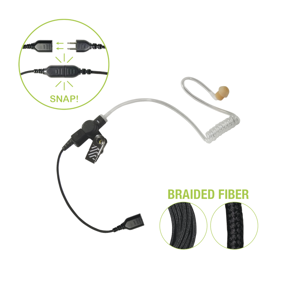 Auricular de tubo acústico transparente con cable de fibra tranzada con conector SNAP tipo MIRAGE. Requiere micrófono de solapa de 1 o 2 hilos de la Serie SNAP.