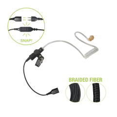 Auricular de tubo acústico transparente con cable de fibra tranzada con conector SNAP tipo MIRAGE. Requiere micrófono de solapa de 1 o 2 hilos de la Serie SNAP.
