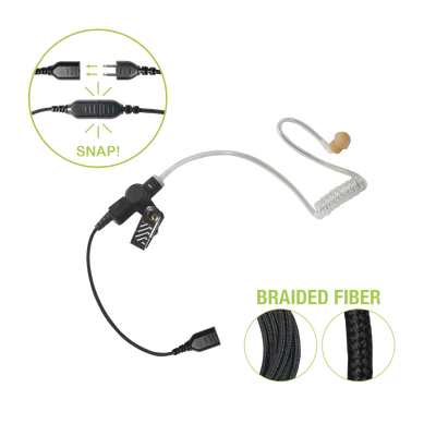 Auricular de tubo acústico transparente con cable de fibra tranzada con conector SNAP tipo MIRAGE. Requiere micrófono de solapa de 1 o 2 hilos de la Serie SNAP.