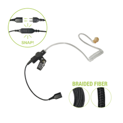Auricular de tubo acústico transparente con cable de fibra tranzada con conector SNAP tipo MIRAGE. Requiere micrófono de solapa de 1 o 2 hilos de la Serie SNAP.