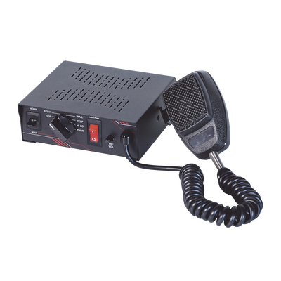 Sirena Vehicular de 100W de Potencia, Con Switch Giratorio de 6 posiciones y Micrófono Integrado de Uso Rudo