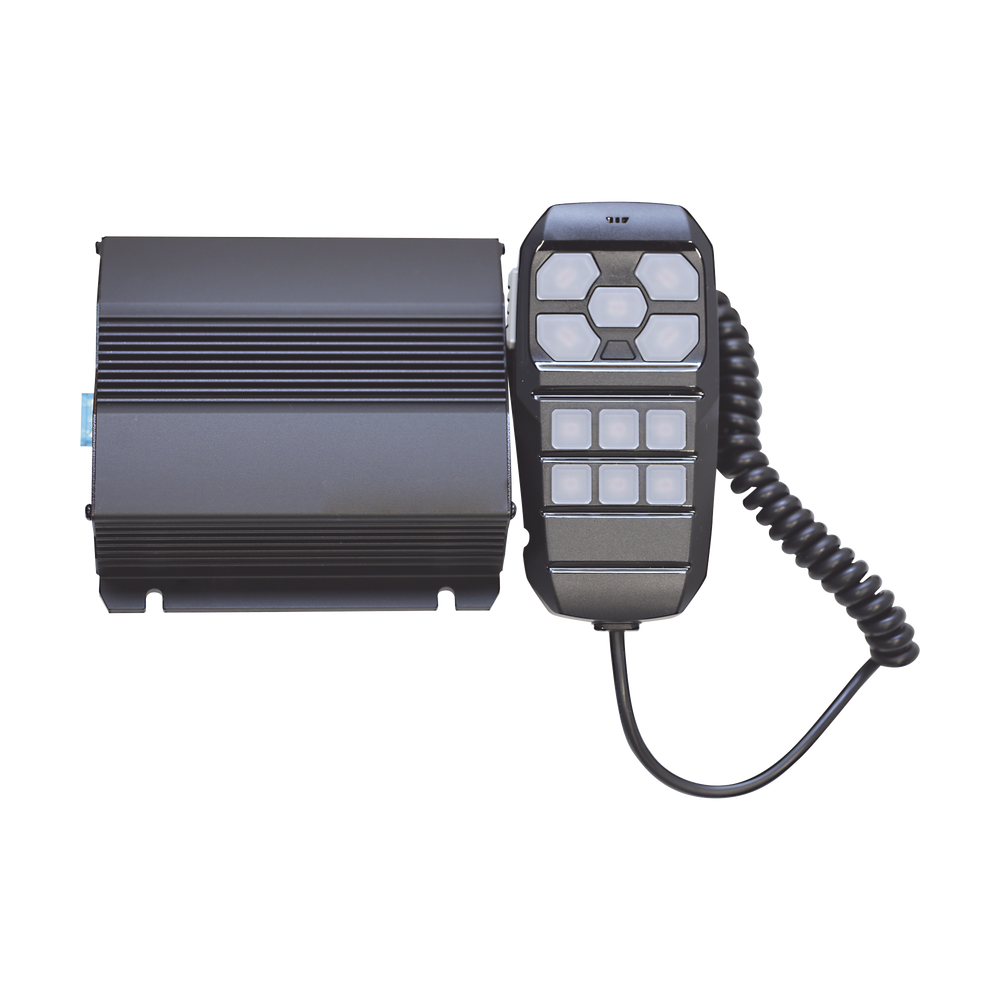 Sirena Vehicular de 100W de Potencia, Incluye Controlador Unimando Para Control de Tonos, 4 Salidas Auxiliares y Microfono