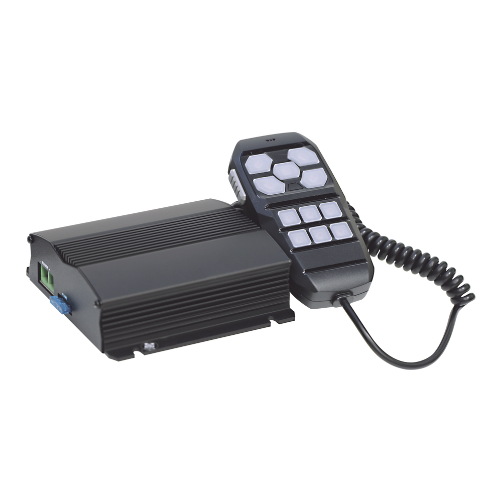 Sirena Vehicular de 100W de Potencia, Incluye Controlador Unimando Para Control de Tonos, 4 Salidas Auxiliares y Microfono