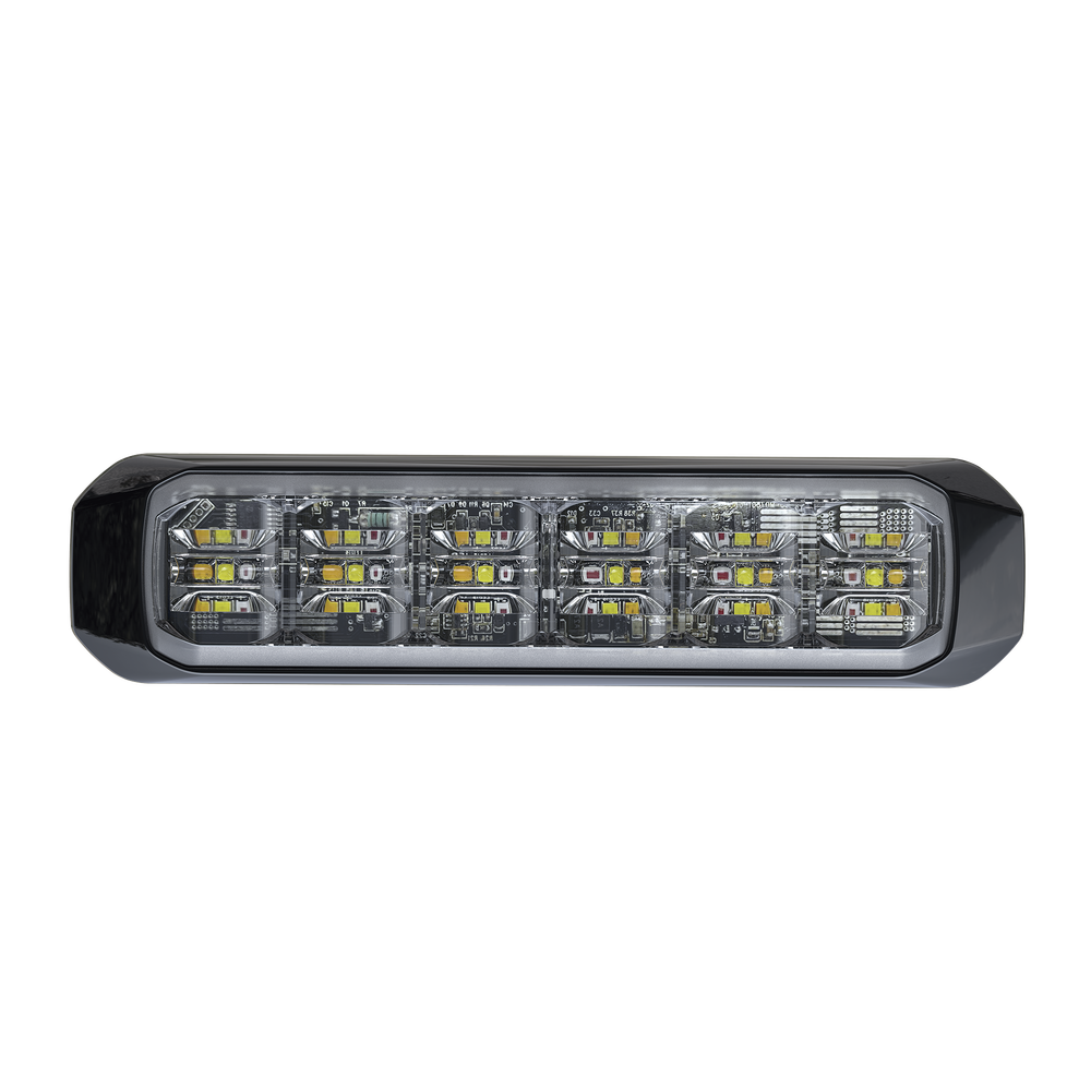 Luz Auxiliar de 18 LED, Tricolor, Rojo/Blanco/Ambar, Lente Transparente, Bisel Negro, SAE