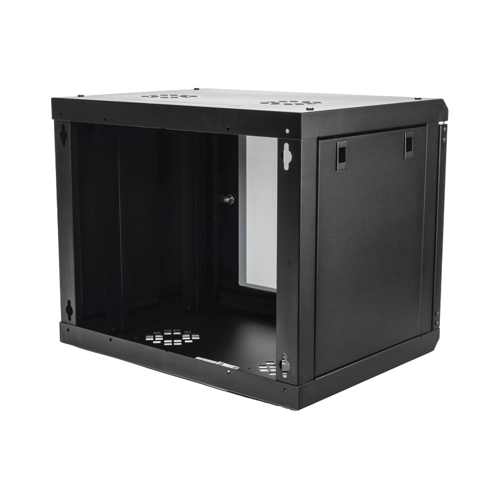 Gabinete de Pared de 9U con Puerta de Cristal Templado, 455 mm de Profundidad, Rack de 19'', Acero Reforzado Color Negro.
