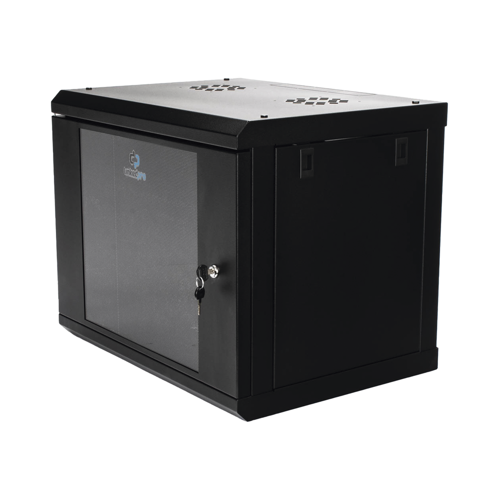 Gabinete de Pared de 9U con Puerta de Cristal Templado, 455 mm de Profundidad, Rack de 19'', Acero Reforzado Color Negro.
