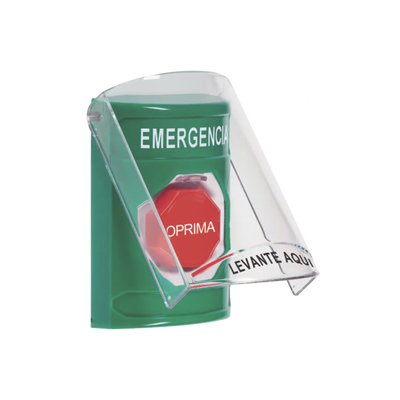 ??Botón Multipropósito, Color Verde, De Superficie, Con Tapa De Policarbonato, Con Bocina Pre Alarma, Solo Interior, Llave Para Restablecer, Texto De Emergencia, Español
