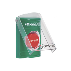 ??Botón Multipropósito, Color Verde, De Superficie, Con Tapa De Policarbonato, Con Bocina Pre Alarma, Solo Interior, Llave Para Restablecer, Texto De Emergencia, Español