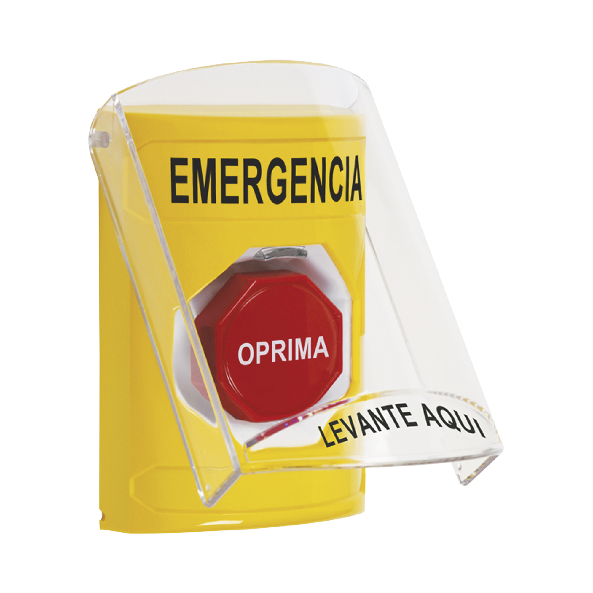Botón Multipropósito, Color Amarillo, De Superficie, Con Tapa De Policarbonato, Con Bocina Pre Alarma, Solo Interior, Llave Para Restablecer, Texto De Emergencia, Español