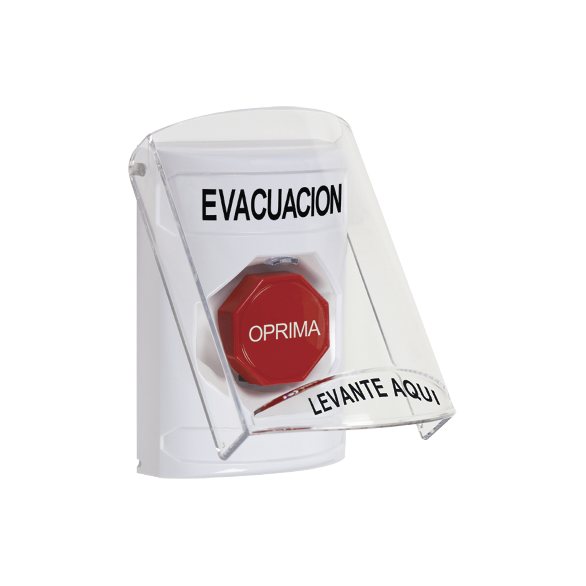 Botón de Evacuación, Texto en Español, Tapa Protectora de Policarbonato Súper Resistente, Restablecimiento con Llave
