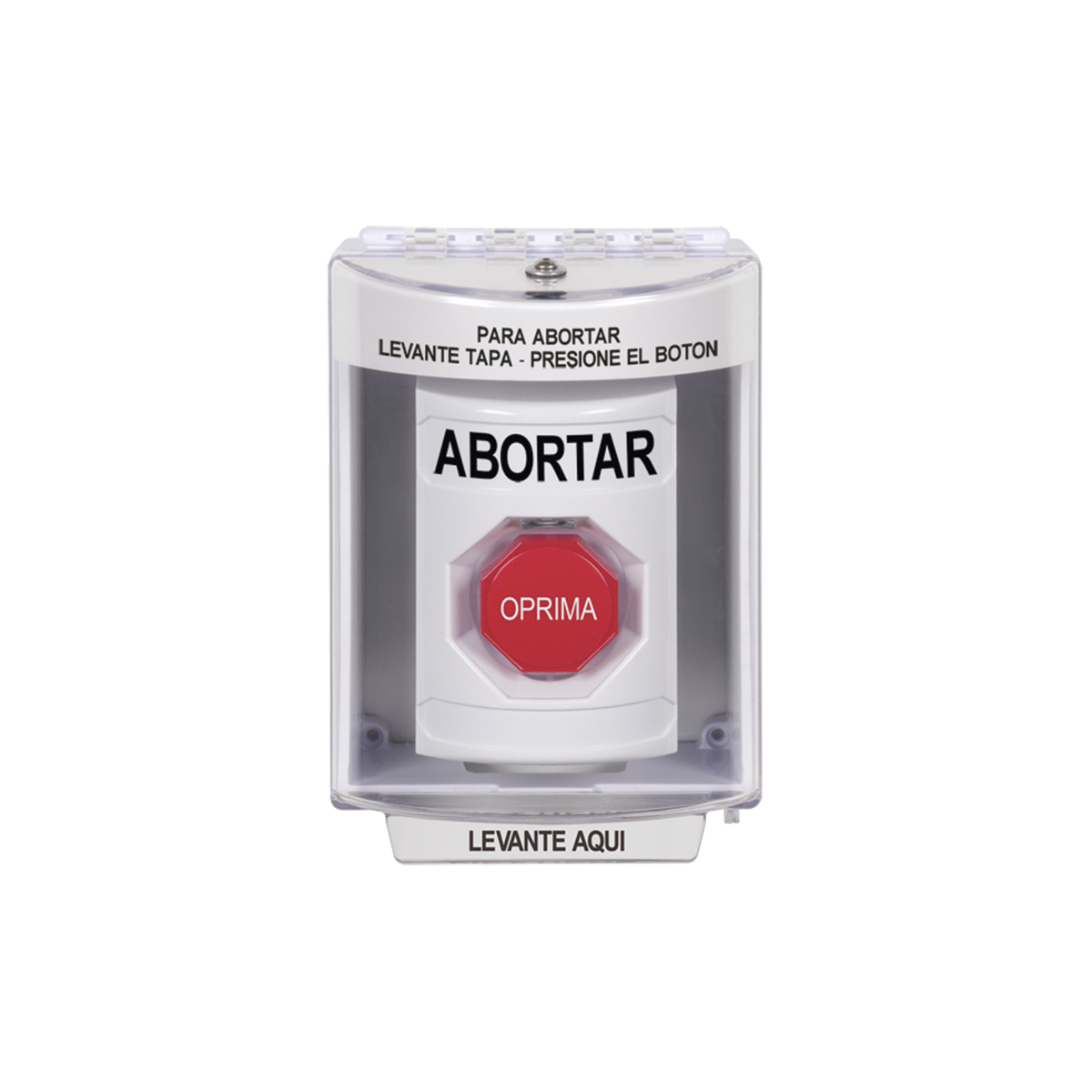 Botón de Abortar, Bocina de Advertencia Integrada, Texto en Español, Tapa Protectora de Policarbonato Súper Resistente con Espaciador, Restablecimiento con Llave