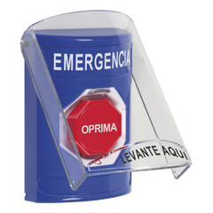 Botón Multipropósito, Color Azul, De Superficie, Con Tapa De Policarbonato, Sin Bocina Prealarma, Para Interior, Girar Para Restablecer, Texto De Emergencia, Español