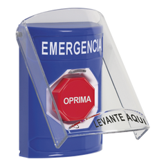 Botón Multipropósito, Color Azul, De Superficie, Con Tapa De Policarbonato, Sin Bocina Prealarma, Para Interior, Girar Para Restablecer, Texto De Emergencia, Español