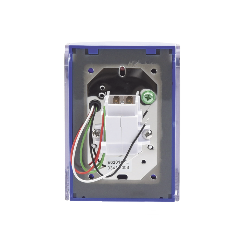 Botón Multipropósito, Color Azul, De Superficie, Con Tapa De Policarbonato, Con Bocina Pre Alarma, Para Interior, Llave Para Restablecer, Texto De Emergencia, Ingles