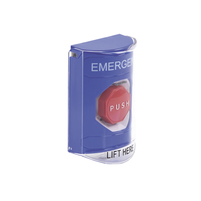 Botón Multipropósito, Color Azul, De Superficie, Con Tapa De Policarbonato, Con Bocina Pre Alarma, Para Interior, Llave Para Restablecer, Texto De Emergencia, Ingles