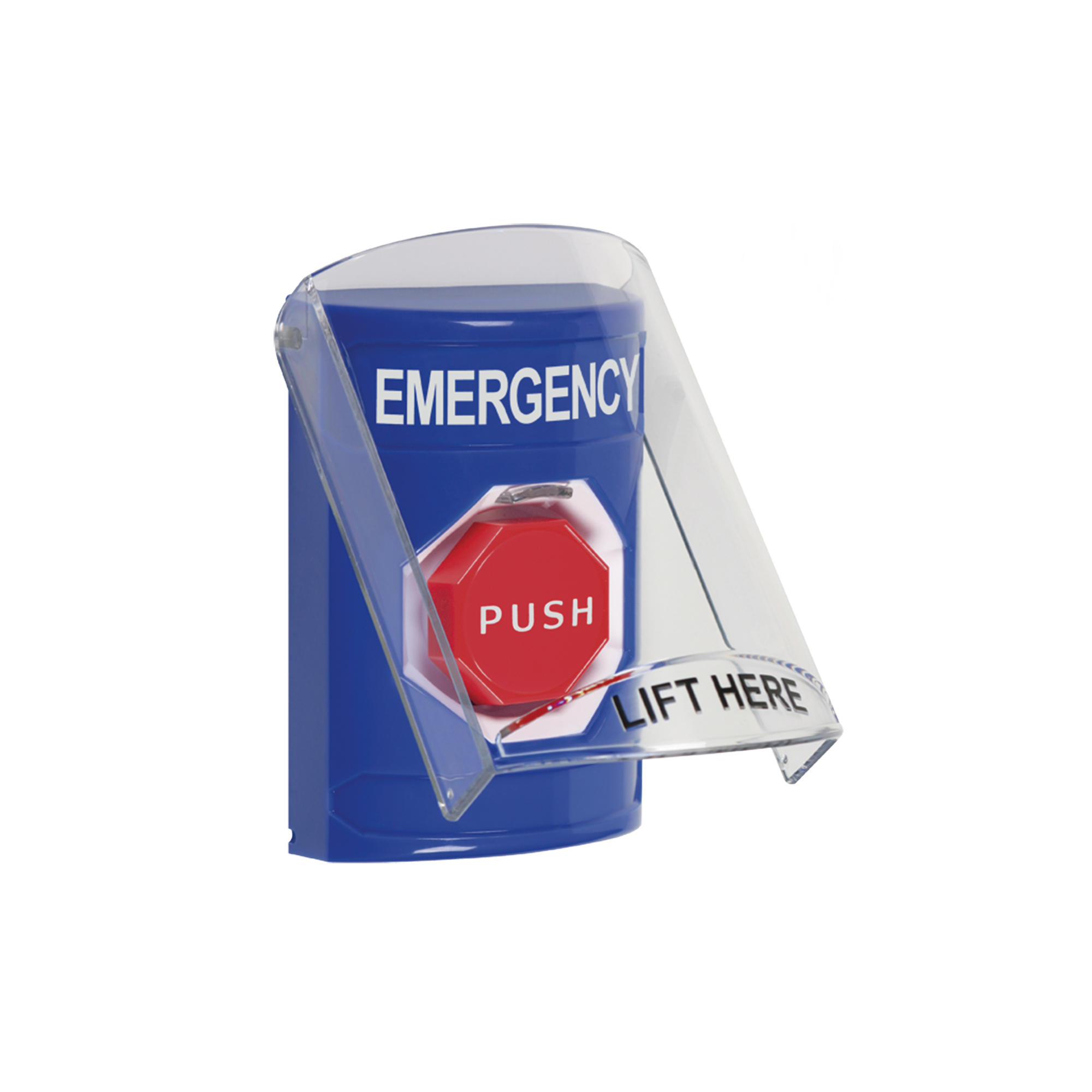 Botón Multipropósito, Color Azul, De Superficie, Con Tapa De Policarbonato, Con Bocina Pre Alarma, Para Interior, Llave Para Restablecer, Texto De Emergencia, Ingles