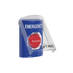 Botón Multipropósito, Color Azul, De Superficie, Con Tapa De Policarbonato, Con Bocina Pre Alarma, Para Interior, Llave Para Restablecer, Texto De Emergencia, Ingles