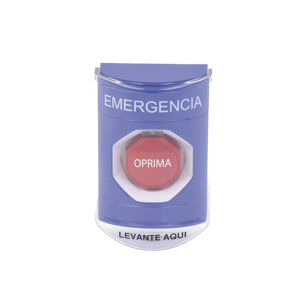 Botón Multipropósito, Color Azul, De Superficie, Con Tapa De Policarbonato, Con Bocina Pre Alarma, Solo Interior, Llave Para Restablecer, Texto De Emergencia, Español