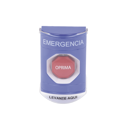 ?Botón Multipropósito, Color Azul, De Superficie, Con Tapa De Policarbonato, Con Bocina Pre Alarma, Solo Interior, Llave Para Restablecer, Texto De Emergencia, Español