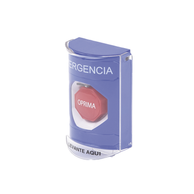 ?Botón Multipropósito, Color Azul, De Superficie, Con Tapa De Policarbonato, Con Bocina Pre Alarma, Solo Interior, Llave Para Restablecer, Texto De Emergencia, Español