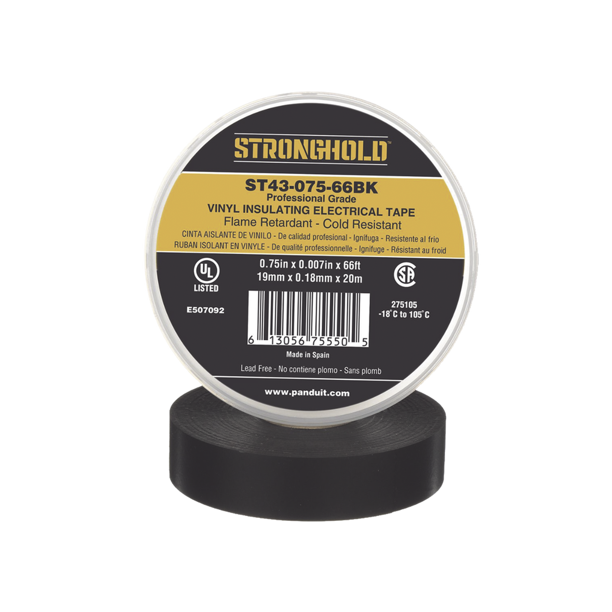 Cinta Eléctrica STRONGHOLD para Aislar, de PVC, Uso Profesional en Construcción Eléctrica, Grosor 0.18mm (7 mil), Ancho 19mm, y 20m Largo, Color Negro.